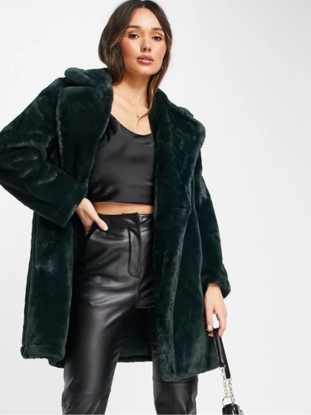 French Connection Buona Luxe Plush Faux Fur Dark Green Coat Oversized Fit Small
